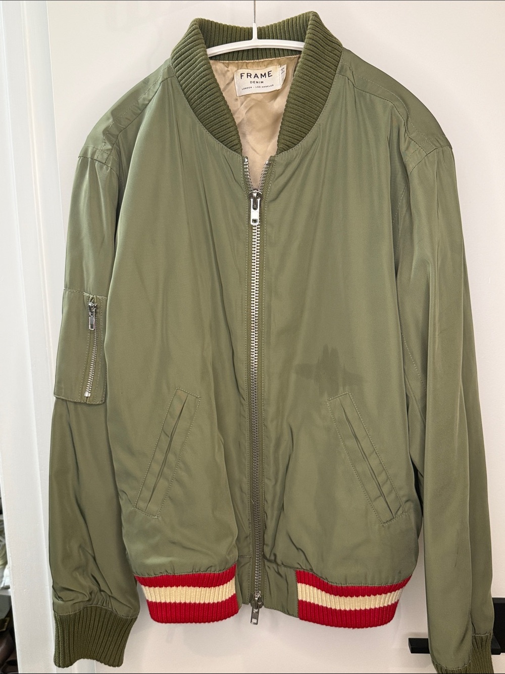 Frame Olive Bomber Jacket with Red & Cream Rib Trim